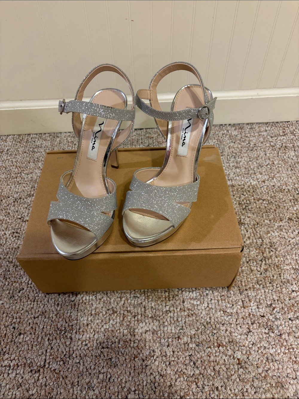 Nina Silver Glitter Open-Toe Platform Heel Sandal